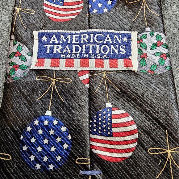 Christmas Tie 100% Silk Patriotic Ornament American Flag Vintage Gift Black 56" - Picture 6 of 9